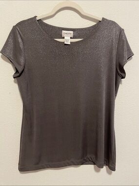 Chico's Shimmery Gray Short Sleeve Crew Neck Top
